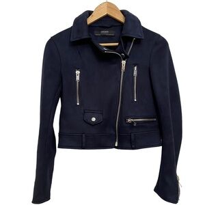 Bikercore Moto Jacket Cropped Faux Suede Navy Blue Silver Zip XS Zara biker